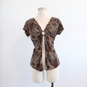 Brittany Black Leopard Cheetah Crinkle Ruffle Blouse Top Medium Y2K Open O Ring